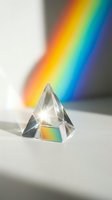 Crystal glass pyramid refracting sunlight into a vivid rainbow spectrum on a white surface, showcasing light dispersion and optics.