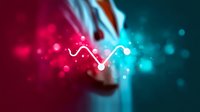 Glowing neon wave line graph with red and blue gradient background effect, floating particles and bokeh lights creating dynamic business analytics visualization.