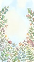 Soft watercolor floral border with wildflowers, ferns, and leaves in pastel tones, framing a light blue and cream background for cards or invitations.