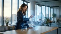 Professional businesswoman using holographic technology interface in modern office workspace with city skyline view for corporate presentations and meetings.