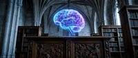 Young adult male of mixed ethnicity wearing casual attire stands in a grand library interior with soaring gothic architecture, ornate wooden bookshelves, and a glowing neon brain projection on the ceiling, symbolizing knowledge and intellectual growth.