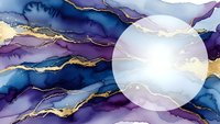 Abstract watercolor landscape with golden veins and luminous moon in purple blue tones for modern interior design and meditation spaces.
