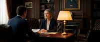 Two professionals in business attire conduct a formal meeting at a wooden desk in an elegant office with bookshelves and traditional decor.
