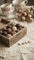 Artisan chocolate truffles in a rustic wooden box on lace tablecloth with dried roses and tea cups in soft vintage style.