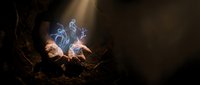 Hands cupping magical blue flames emerging from dark earth with mystical light beam, fantasy concept for spiritual energy and supernatural power themes.
