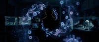 Silhouette of person surrounded by glowing coronavirus particles in dark digital environment representing pandemic impact and viral spread concept.