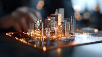 Miniature modern city skyline architectural model with glowing lights and bokeh effects on dark background, showcasing urban planning and development concept.