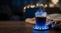 Steaming hot tea in glass mug on illuminated blue coaster with warm bokeh lights creating cozy evening atmosphere for relaxation and comfort.