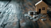Wooden house model with scattered coins on rustic wood surface representing home savings, mortgage planning, real estate investment and property finance concepts.