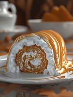 Elegant rolled cake with swirled cream filling and golden caramel drizzle on white plate, close-up view showing detailed texture and layers in warm lighting.