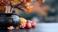 Ornate metal incense holder with burning sticks against blurred autumn background with red fruits and delicate pink cherry blossoms creating zen atmosphere.