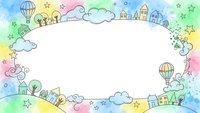Colorful watercolor frame with whimsical doodle elements including hot air balloons, clouds, stars, houses and trees on white background for children design.