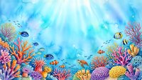 Watercolor underwater coral reef scene with colorful tropical fish, vibrant corals, and sunbeams filtering through blue ocean water.