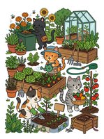 Illustrated cats gardening with plants, flowers, greenhouse, and tools on isolated white background. Perfect for gardening designs, t-shirts, and educational materials.