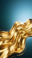 Flowing golden liquid with glossy waves and sparkles against blue gradient background, suitable for luxury cosmetics, skincare, and premium product packaging designs.