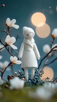 Dreamy doll in white knitted dress standing among magnolia flowers and blue berries against bokeh background, magical fairy tale atmosphere for children decor.