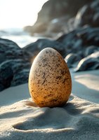 Speckled egg standing upright on sandy beach at sunset, with dramatic rocky coastline and ocean waves in background, creating mystical natural atmosphere.