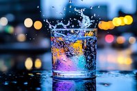 Clear glass with colorful liquid splash and water droplets against blurred city lights background for beverage advertising and refreshment concepts.