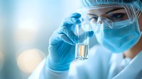 Asian female scientist in protective equipment examining liquid sample in laboratory with soft blue lighting and bokeh effect in background.