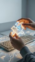 Hands holding glowing digital puzzle pieces above keyboard with circuit board patterns, representing business solutions and technology integration concepts.
