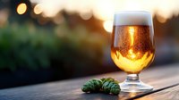 Golden craft beer in stemmed glass with fresh hop cones on wooden surface against blurred sunset bokeh background, refreshing cold beverage.