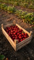 Fresh ripe strawberries in wooden crate at organic farm field during harvest season for healthy eating and agricultural produce marketing.