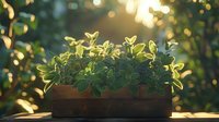 Fresh green herbs growing in rustic wooden planter box with warm golden sunlight and bokeh background for organic gardening and cooking concepts.