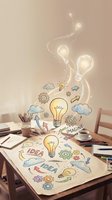 Glowing lightbulbs flow upward from desk with sketched icons representing ideas, imagination, and innovation for creative brainstorming and business concepts.