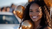 Young African American woman with natural curly hair smiling radiantly while holding golden balloons at sunset, warm bokeh background creates festive atmosphere.