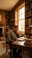 Middle-aged Caucasian man reading book in cozy home library with wooden shelves, warm lighting and comfortable study atmosphere for learning and education.