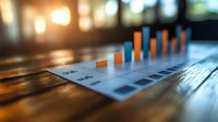 Orange glowing bar graph showing upward trend on blurred wooden surface with bokeh lights in background, representing business growth and success.
