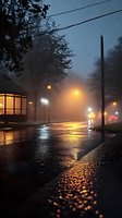Moody rainy night street scene with glowing street lamps reflecting on wet asphalt, misty atmosphere creates golden light bokeh effect in dark urban setting.