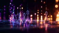 Glass chess pieces on reflective surface with colorful bokeh lights creating magical atmosphere, purple and orange glowing background with dreamy illumination effect.