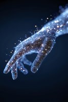 Mystical glowing hand with cosmic sparkles and star dust particles floating against dark background, creating ethereal supernatural atmosphere.