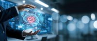 Businessman hands protecting glowing digital brain hologram with neural network connections in modern office environment for AI technology concepts.