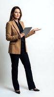 Professional businesswoman in tan blazer holding tablet making presentation gesture on white background for corporate marketing materials.