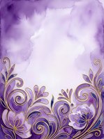 Lavender watercolor background with ornate purple and gold floral scrollwork border, isolated on white space, suitable for invitations, cards, and design projects.