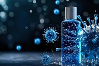 Sanitizer bottle with glowing blue virus cells splashing around it on dark background, concept of protection against infections and germs.