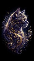 Ornate cat portrait with flowing decorative swirls in purple and gold tones on black background for luxury design projects and artistic applications.