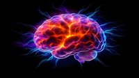 Glowing human brain with vibrant red and blue energy waves radiating outward against black background, depicting neural activity and consciousness in medical science.