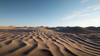 Rippling sand dunes stretch across vast desert landscape under clear blue sky, dramatic shadows create natural patterns on golden sand formations at sunset.