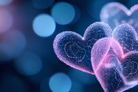 Glowing pink and blue heart shapes with sparkle effect against dark background with bokeh lights, romantic Valentine concept for greeting cards and designs.