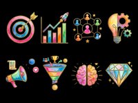 Colorful watercolor business and marketing icon set isolated on transparent background. Includes target, rocket, brain, diamond, funnel clipart for t-shirt, sticker, print on demand.
