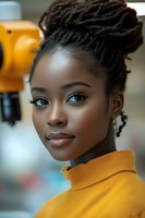 Young African American woman with elegant dreadlock updo hairstyle wearing bright yellow top, professional portrait with natural makeup and confident expression.