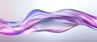 Flowing abstract purple and pink waves create dynamic motion against light background, smooth glossy curves blend with soft transparent layers.