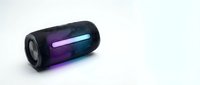 Portable wireless speaker with glowing neon light strip, modern cylindrical design in dark color with purple and blue illumination for music and audio entertainment.