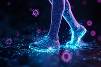 Glowing blue sneakers stepping through particles with pink virus cells floating in dark space, creating luminescent footprints on reflective surface.