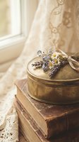 Vintage brass jewelry box with dried lavender and daisy flowers on antique books by lace curtain window creating romantic shabby chic home decor atmosphere.