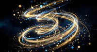 Golden light trails swirling in cosmic space with sparkling particles and glowing effects creating dynamic energy flow against dark blue background.