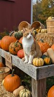 Orange and white cat sitting on a rustic wooden farm stand surrounded by colorful pumpkins and gourds in autumn harvest season.